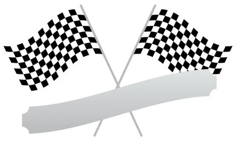 2 crossed racing flags with empty banner, plaque shape for texts Stock Illustration