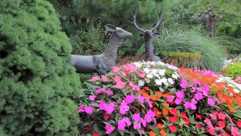 2 Deer statues surounded by flowers and foliage 스톡 동영상 92034890