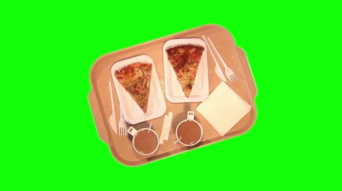 2 different slices of pizza, 2 white coffees on tray, top shot Video stock 47582755