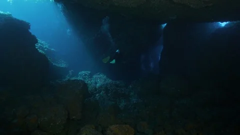 2 divers cross one of the three crevices of the cave on the seabed,Ustica,Medsea Stock Footage 125147499
