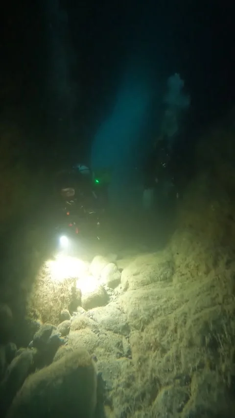 2 divers swim through an ocean cavern Stock Footage 277228067