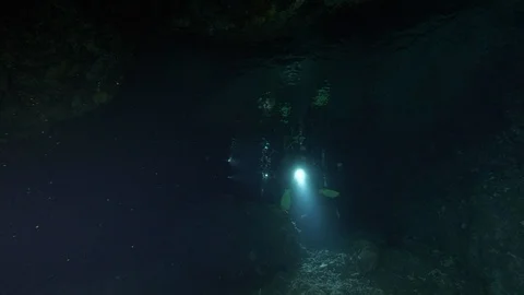 2 divers travel through the underground cave on the seabed, Ustica,Mediterranean Stock Footage 125140493