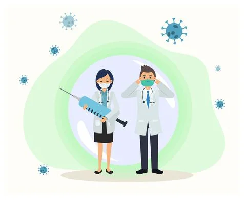 2 of doctors in bubble that protect them from coronavirus. Showing how to avo Stock Illustration