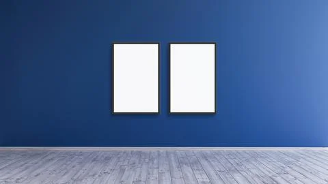 2 empty vertical black frame mockup design on a blue wall room for prints and Illustrazione stock