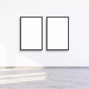 2 frame mock up hanging on a white wall with sunlight, 3d render illustration Stock Illustration
