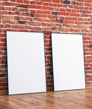 2 frame mockup on red brick wall with wooden floor, interior 3d render イラスト素材