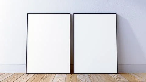 2 frames mockup scene with white brickwall and hardwood floor, 3d render. Illustrazione stock
