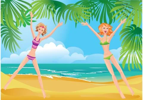 2 girls on tropical beach Stock Illustration
