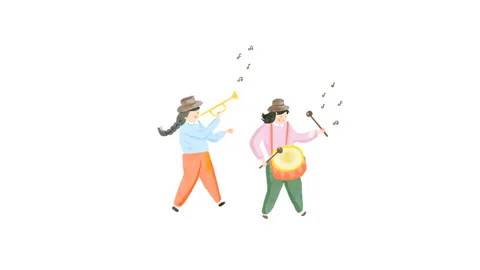2 girs are playing instruments (drum and trumpet) with some music notes Stock Footage 259644010