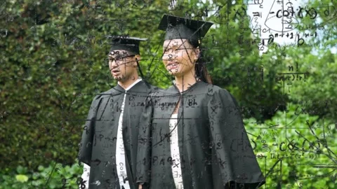 2 graduates standing in park, math overlay drawing gazes, smiling while Stock Footage 332956411