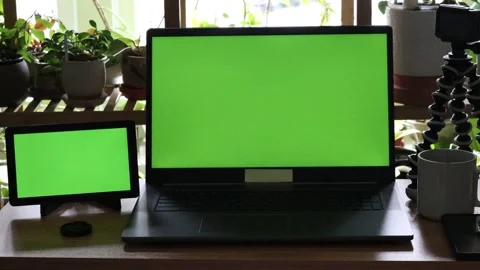 2 Green Screens in a darker setting. Stock-Footage 236742555