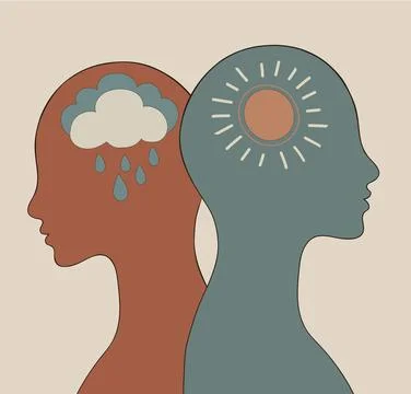 2 Head silhouette.Metaphor bipolar disorder mind mental.Cloud rain and the sun Stock Illustration