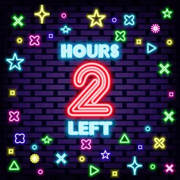 2 hours left Badge in neon style. On brick wall background. Announcement neon Illustrazione stock
