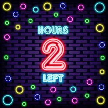 2 hours left Neon quote. On brick wall background. Neon text. Illustrazione stock
