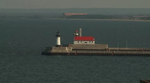2 lighthouses Duluth breakwaters entry to harbor Stock Footage 8517073