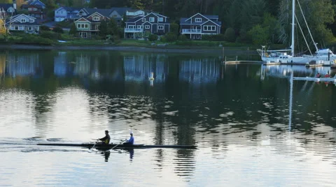 2 man and 8 man scull boats passing in Eagle Harbor early morning light Stock Footage 65135717