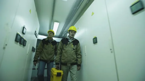 2 men make electricity metering equipment Video stock 68512717