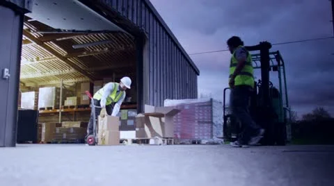 2 men stacking boxes onto a pallet outside a warehouse Stock Footage 14035711