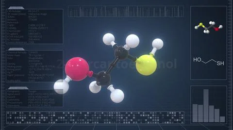 2-mercaptoethanol molecule with description on the computer screen, 3d rendering Stock Illustration