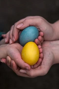 2 Painted eggs for Easter in the colors of the flag of Ukraine in the hands o Stock Photos