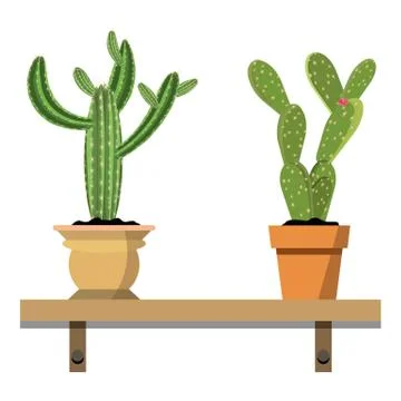 2 potted cactus plants in nice colorful flower pots against white wall Stock-Illustration