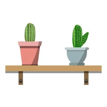 2 potted cactus plants in proper colorful flower pots against white wall Stock Illustration