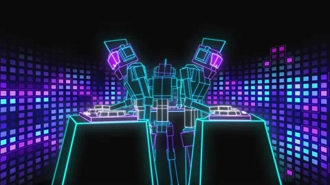 2 Robot DJs playing music in purple VJ loop animation Stock Footage 234324016
