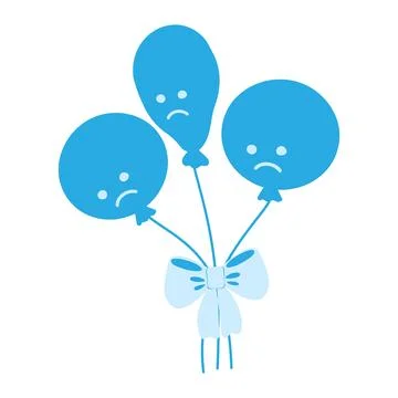 2 round and 1 deflated balloon on rope with sad faces tied with ribbon bow in Stock Illustration