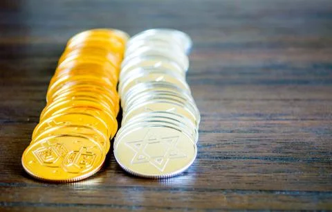 2 rows of gold and silver Hanukkah coins Stock Photos