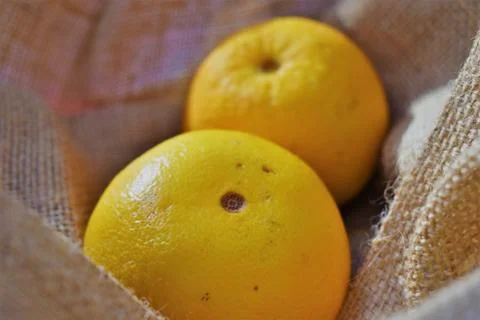 2 same oranges on a jute fabric Stock Photos