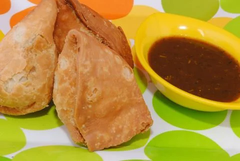 2 Samosas with Tomato Sause  Stock Photos