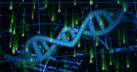 At 2-second mark binary code raining, 3D DNA helix rotating, nodes fading, Video stock 312657214