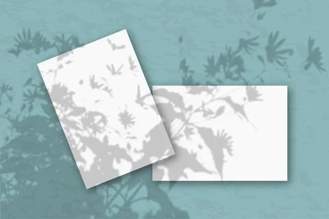 2 sheets of white textured paper against a green wall. Mockup with an overlay of Stock Illustration