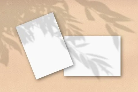 2 sheets of white textured paper against abortion yellow wall. Mockup with an Illustrazione stock