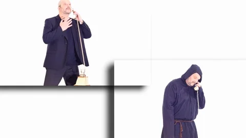 2 similar men in different clothes speaking by phone white screen Stock Footage 105915752