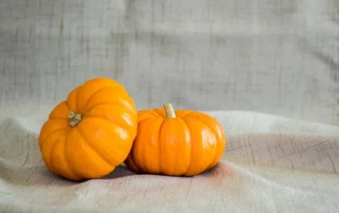 2 small pumpkins on a tan cloth background Stock Photos