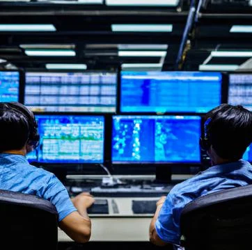 2 Smart Male IT Programer Working on Desktop Computer in Data Center Techni.. Stock Photos