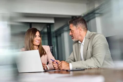 2 smiling executives using laptop discussing work at office meeting. Stock Photos