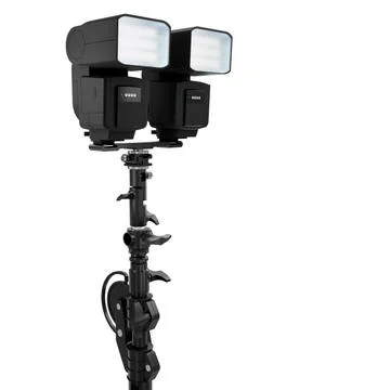 2 Speedlight flashes guns on tripod holder isolated on white background. Stock Photos