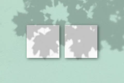 2 square sheets of white textured paper on the light green wall background. M Stock Illustration