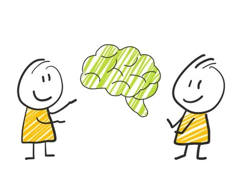 2 stick man standing and thinking expression illustration yellow brain education Stock Illustration