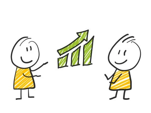 2 stick man standing and thinking expression illustration yellow green chart Stock Illustration