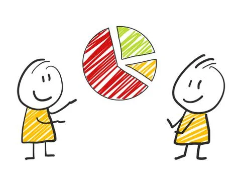 2 stick man standing and thinking expression illustration yellow pie chart Stock Illustration