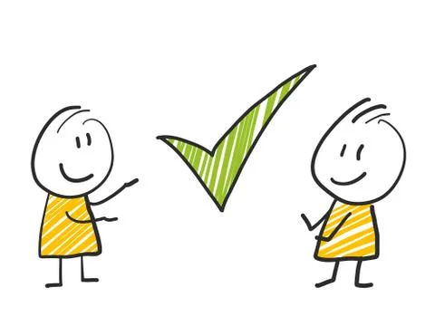 2 stick man standing and thinking expression illustration yellow check right Stock Illustration