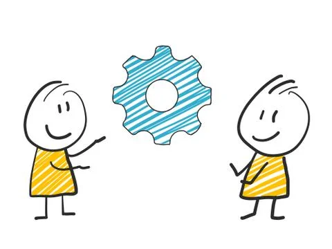2 stick man standing and thinking expression illustration blue gear symbol Stock Illustration