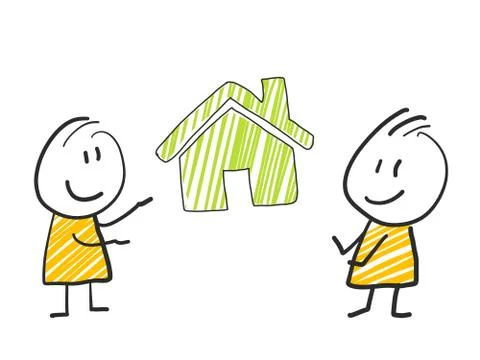 2 stick man standing and thinking expression illustration green house real Stock Illustration