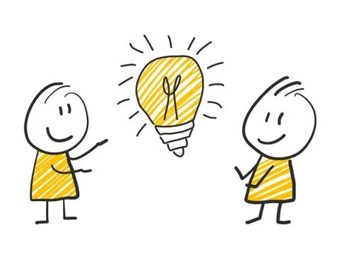 2 stick man standing and thinking expression illustration yellow lightbulb idea Stock Illustration