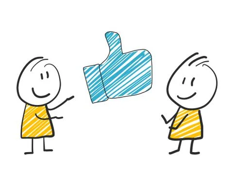 2 stick man standing and thinking expression illustration blue like thumb social Stock Illustration