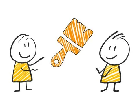 2 stick man standing and thinking expression illustration yellow paint brush Stock Illustration