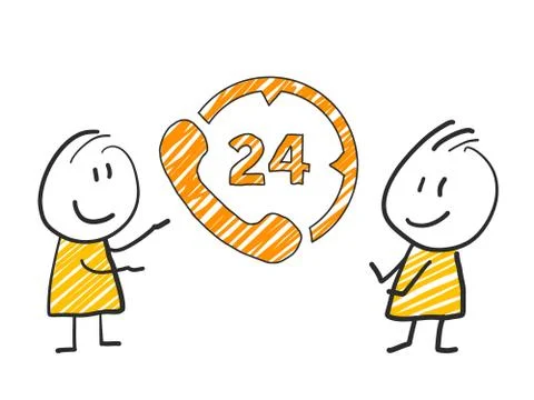 2 stick man standing and thinking expression illustration yellow 24h telephone Stock Illustration